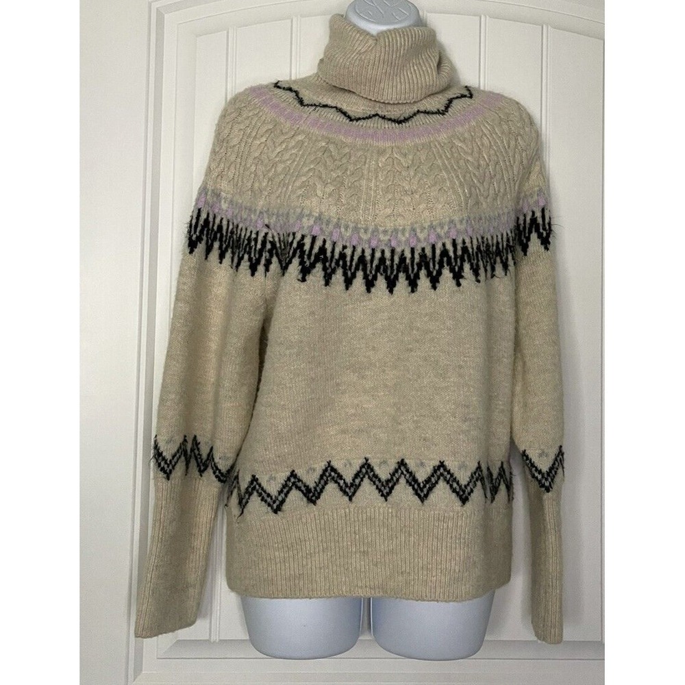 A New Day Womens Sz M Ivory‎ Long Sleeve Turtle Neck Aztec Crochet Fuzzy Sweater